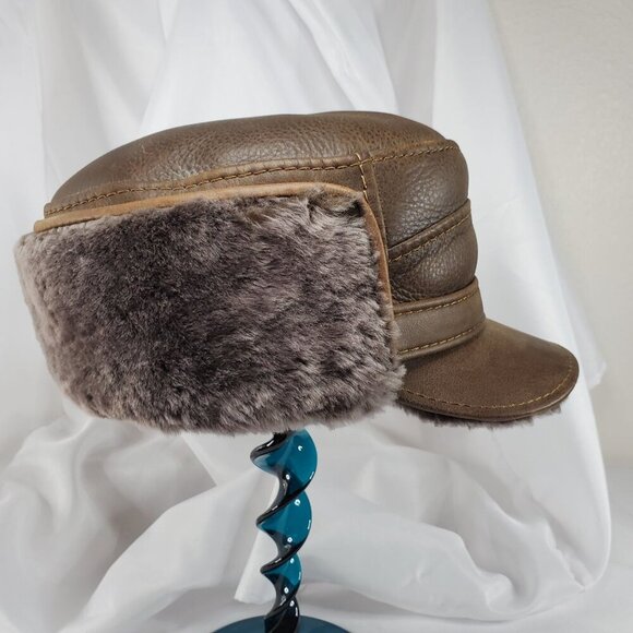Ricardo BH Brown Leather Aviator Hat With Faux Fur Lining Elmer Fudd Ear flaps - Picture 7 of 16